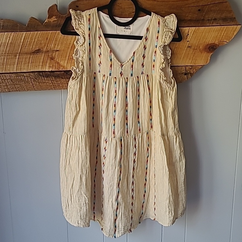 Savanna Jane boutique sz small yellow white striped ruffle sleeve dress